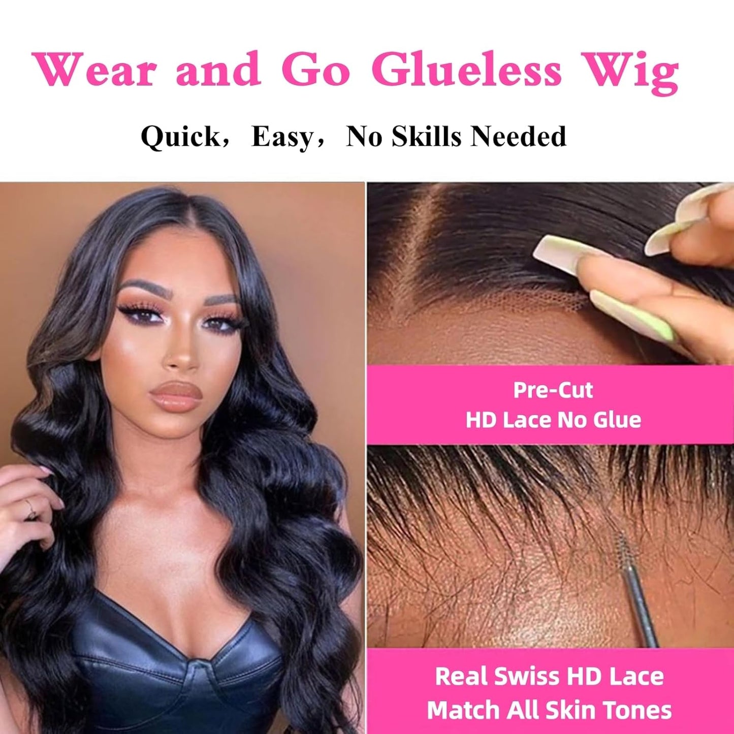 Glueless Wigs Human Hair for Beginners 4X4 Hd Closure Wigs Human Hair Upgraded No Glue Body Wave Lace Front Wigs Human Hair for Woman (8Inch)