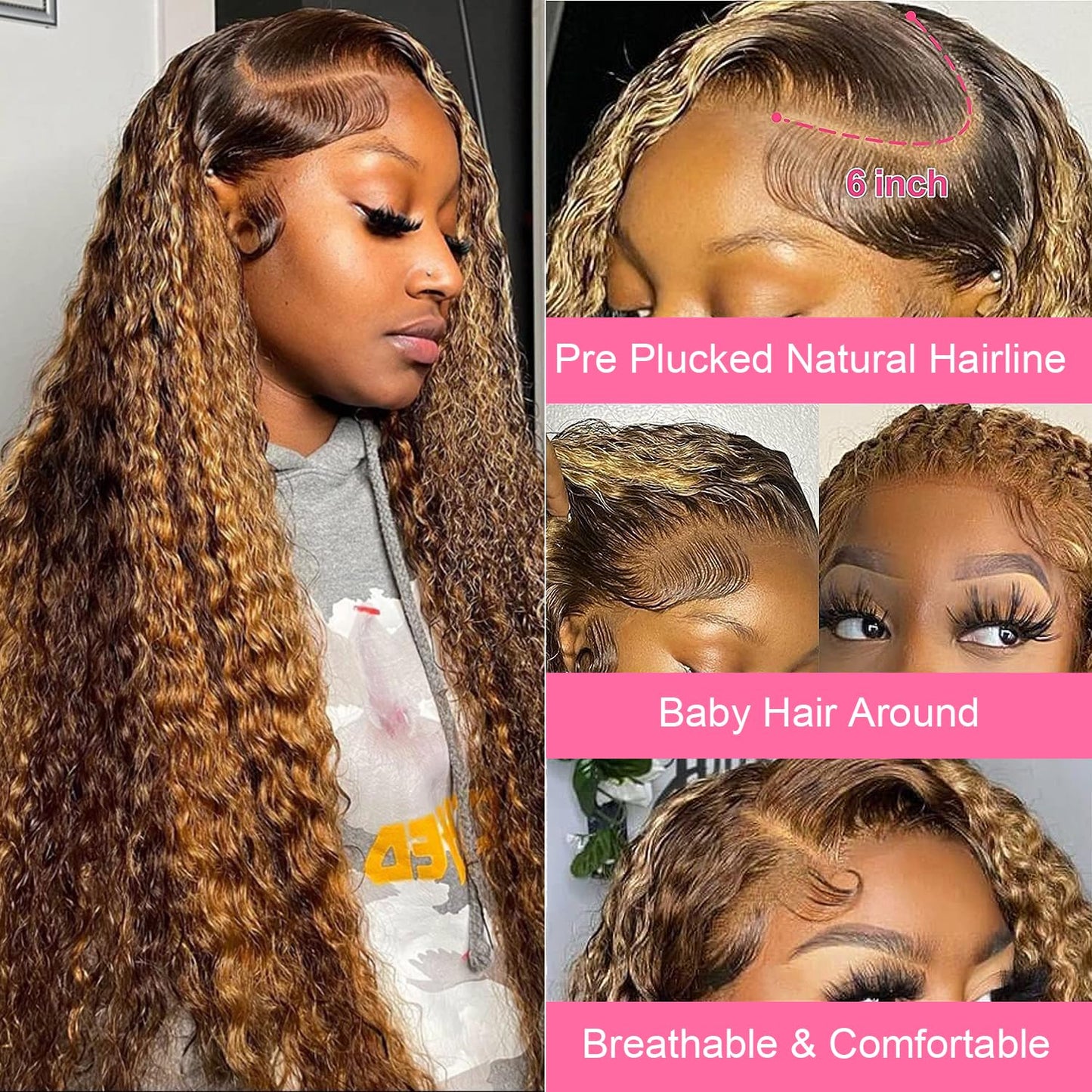 26 Inch 13X6 Highlight Ombre Deep Wave Lace Front Wigs Human Hair Pre Plucked #4/27 Colored Glueless Wigs Water Wave Honey Blonde Curly Lace Frontal Wigs Human Hair for Women with Baby Hair