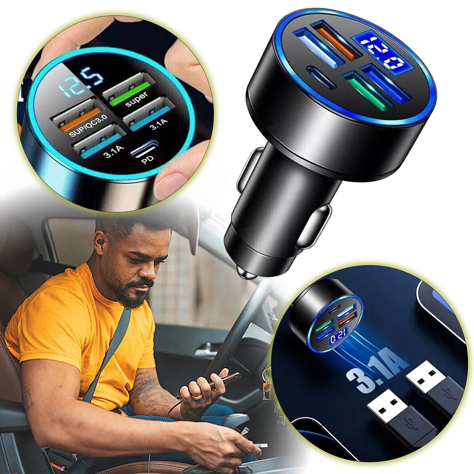 5 USB Port Super Fast Car Charger Adapter for Iphone Samsung Android Cell Phone