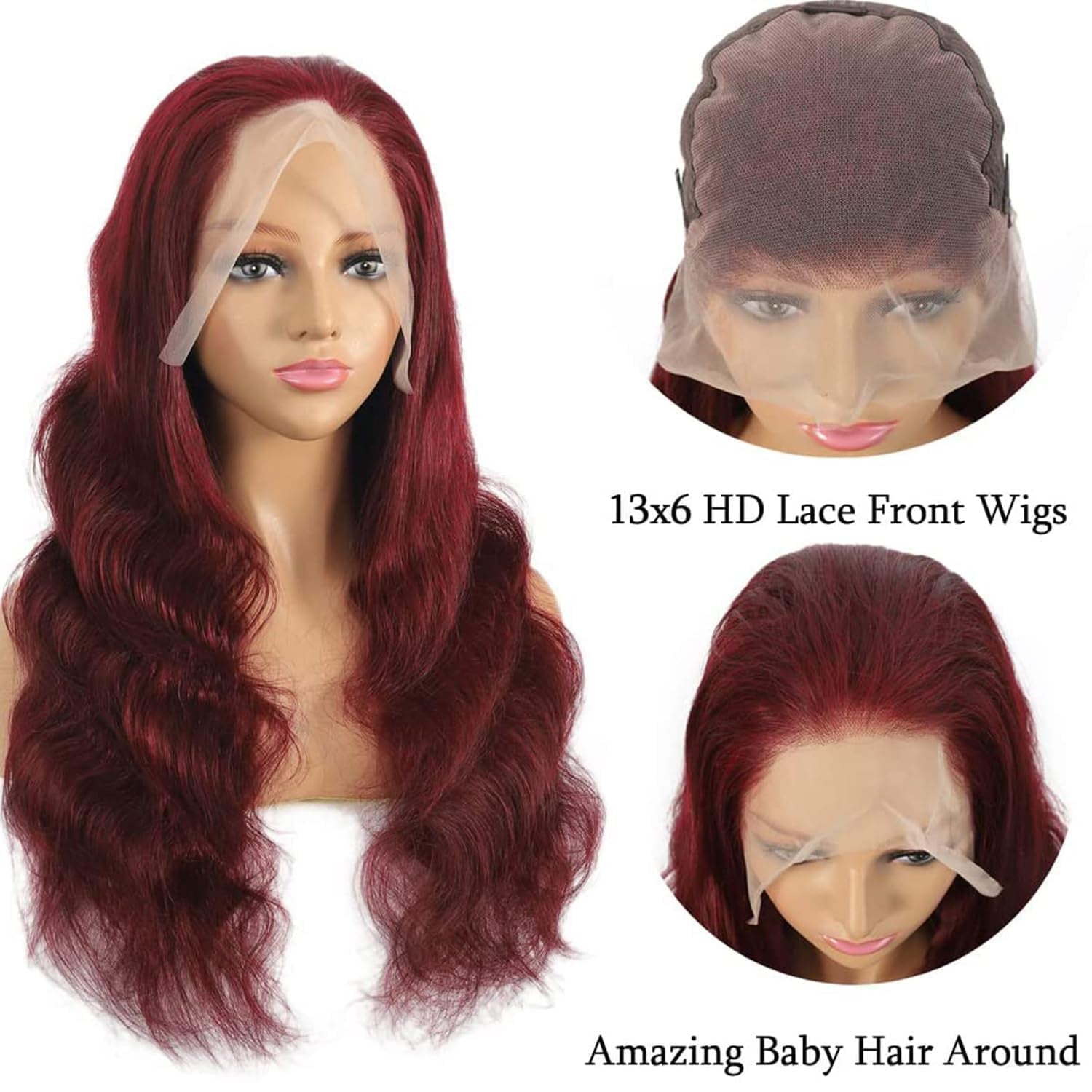 99J Burgundy Lace Front Wigs Human Hair Red Wigs 13X6 Brazilian Body Wave Wigs HD Transparent Human Hair Wigs Glueless Pre Plucked Bleached Knots with Baby Hair 180% Density